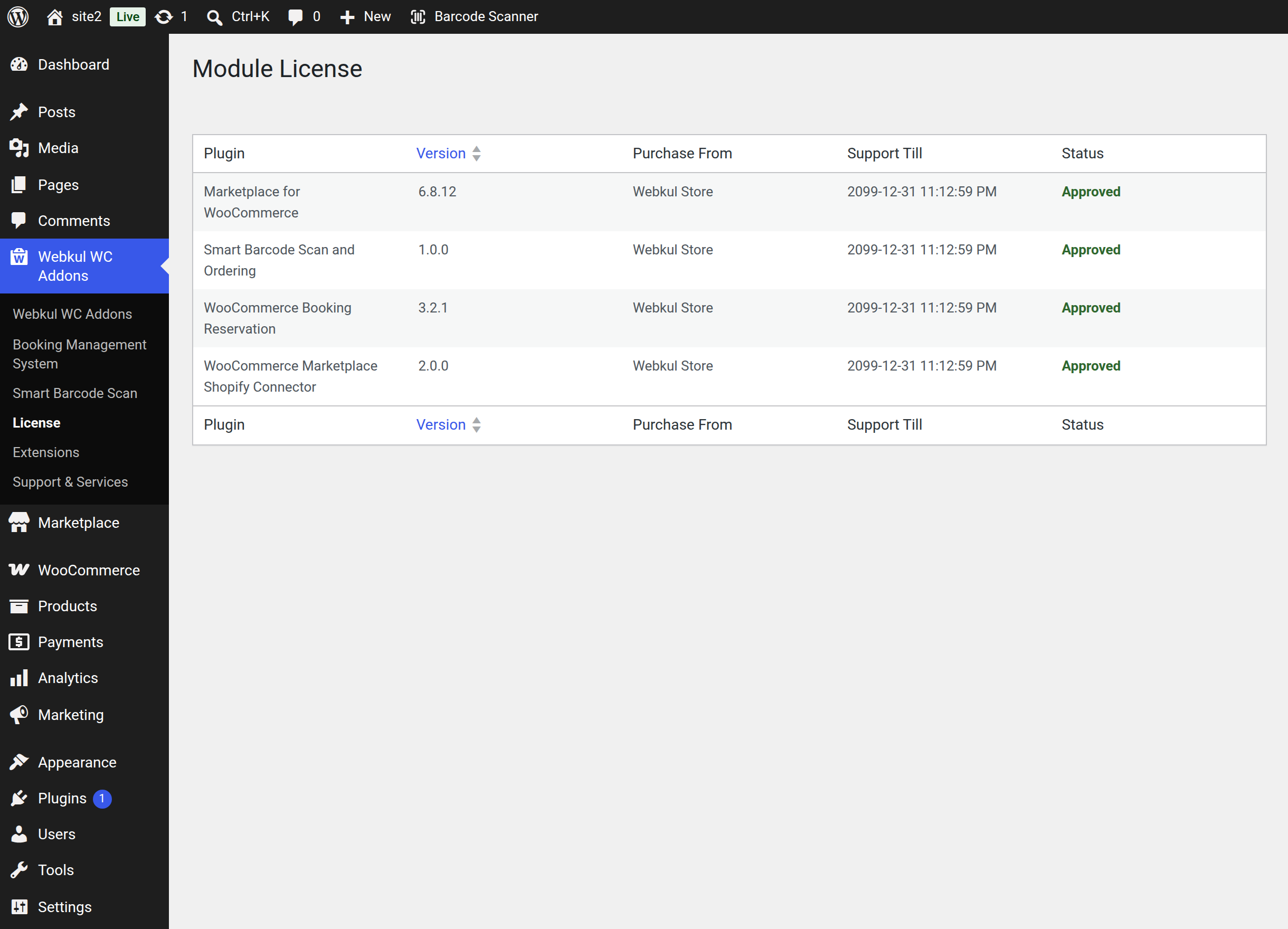 Module License page showing Smart Barcode Scan and Ordering approved