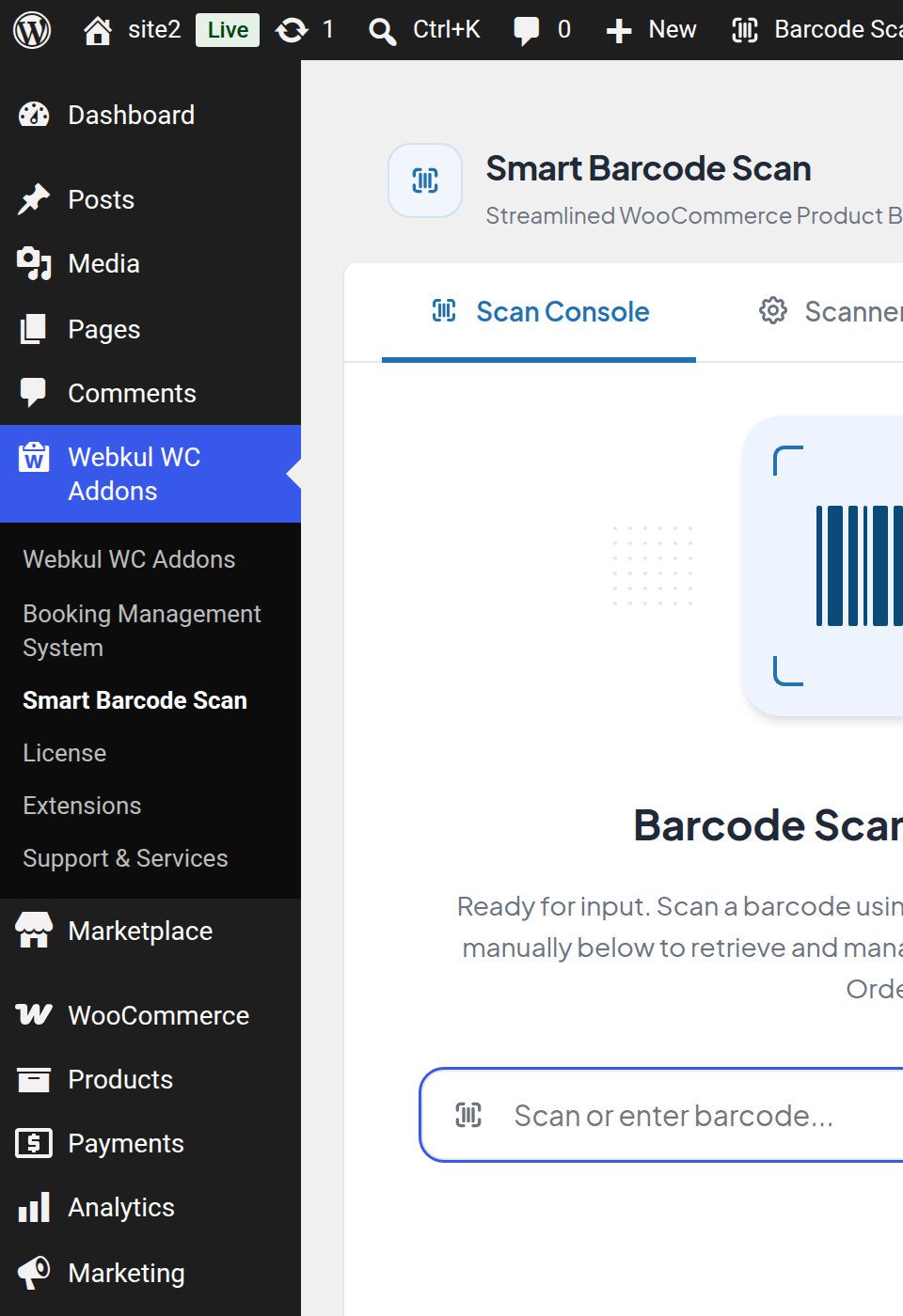Smart Barcode Scan in the WordPress admin menu