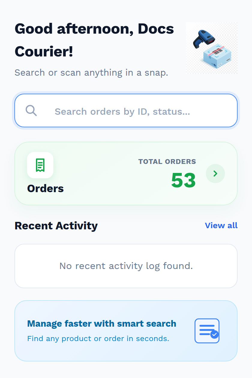 The QuickScan home screen as a delivery agent sees it