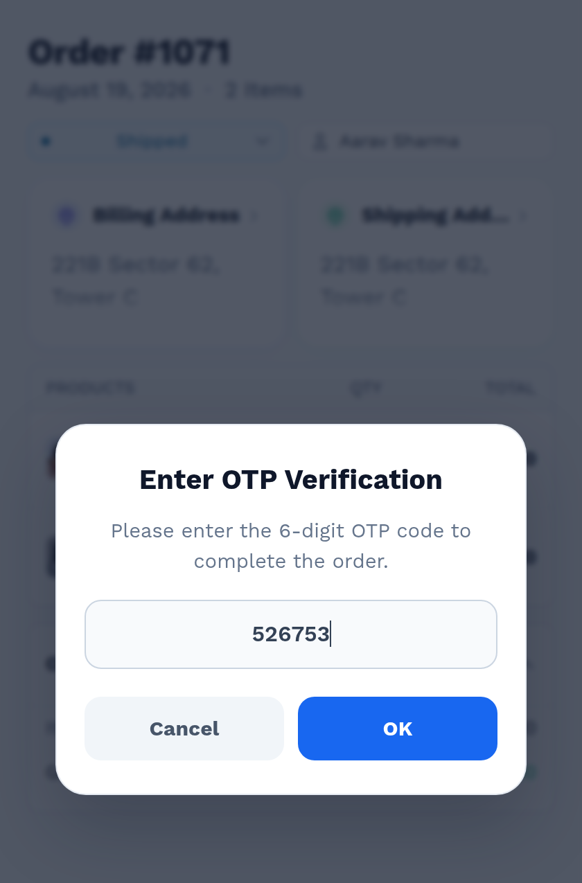 The verification prompt a delivery agent gets when completing an order