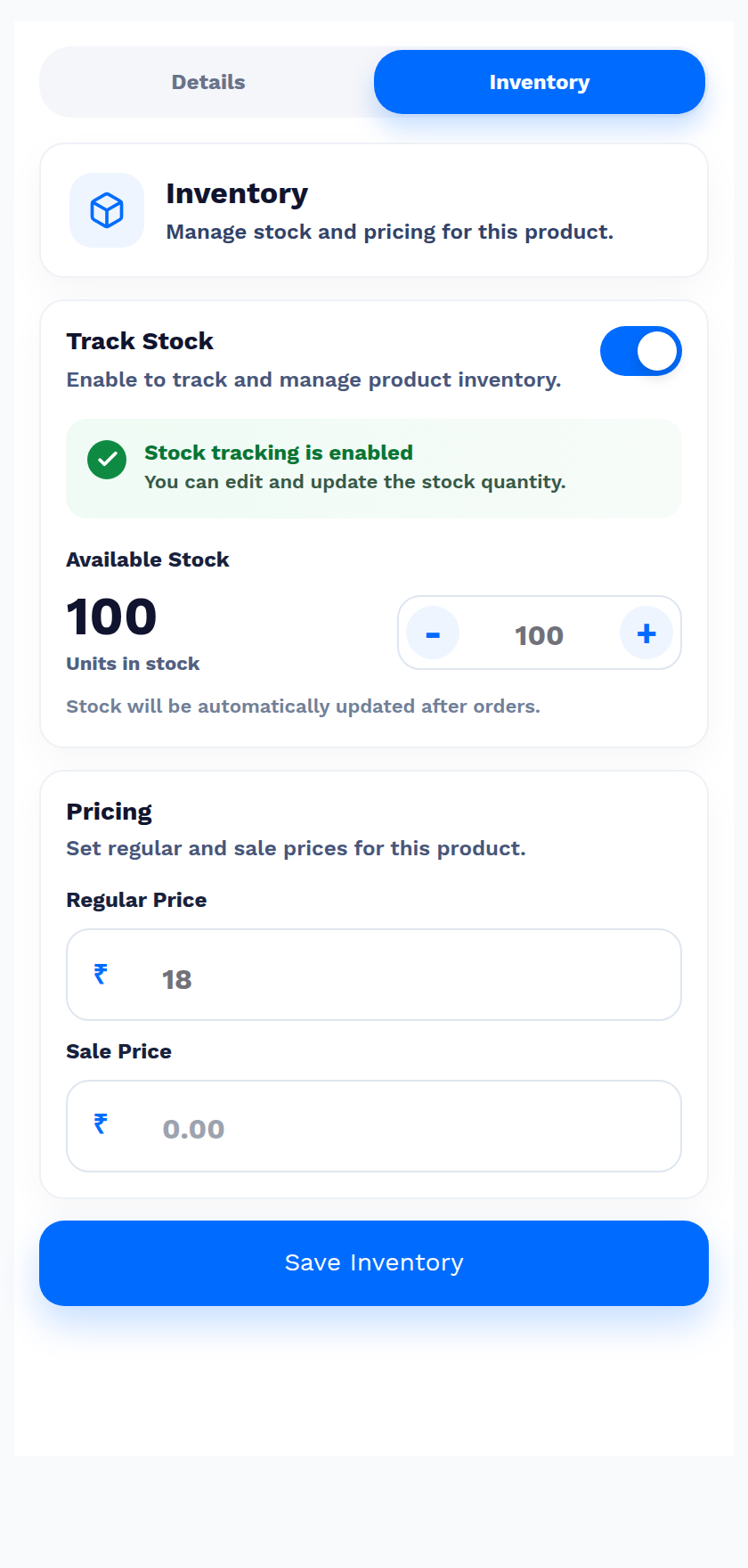 The Inventory tab of a product in the scanner app