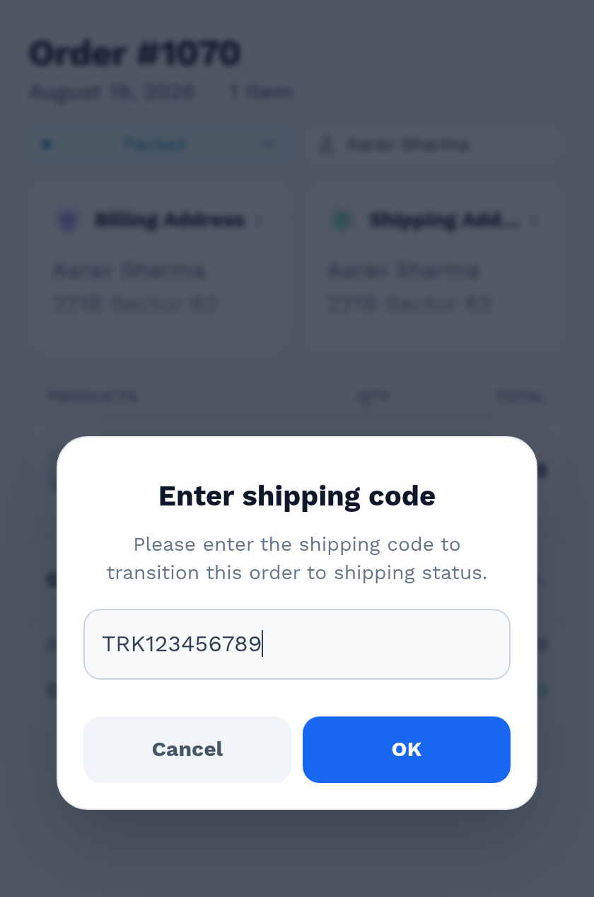 The Enter shipping code sheet in the QuickScan app