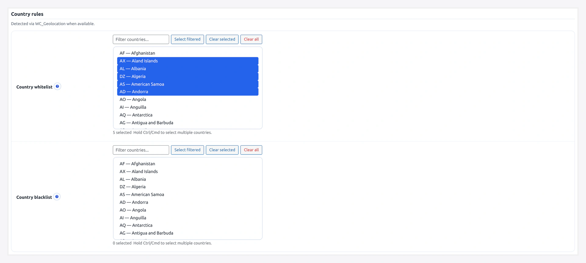 Conditional Rules — country whitelist and blacklist