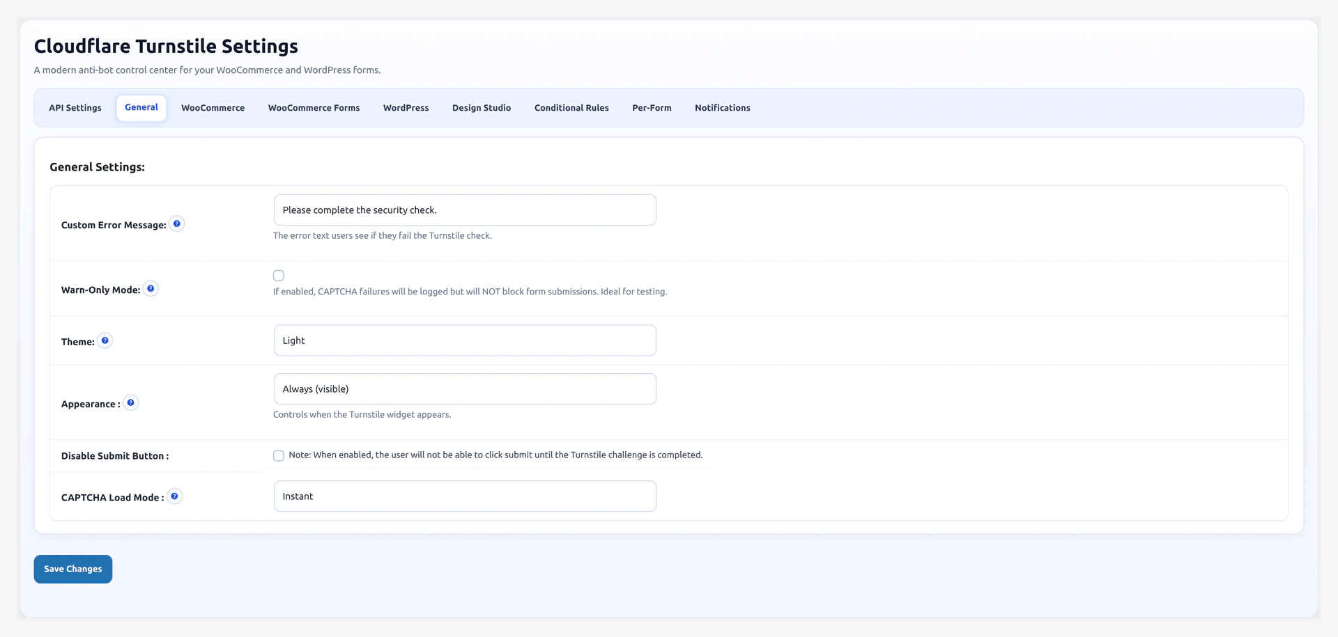 General Settings tab — theme, load mode, warn-only, submit-button behavior