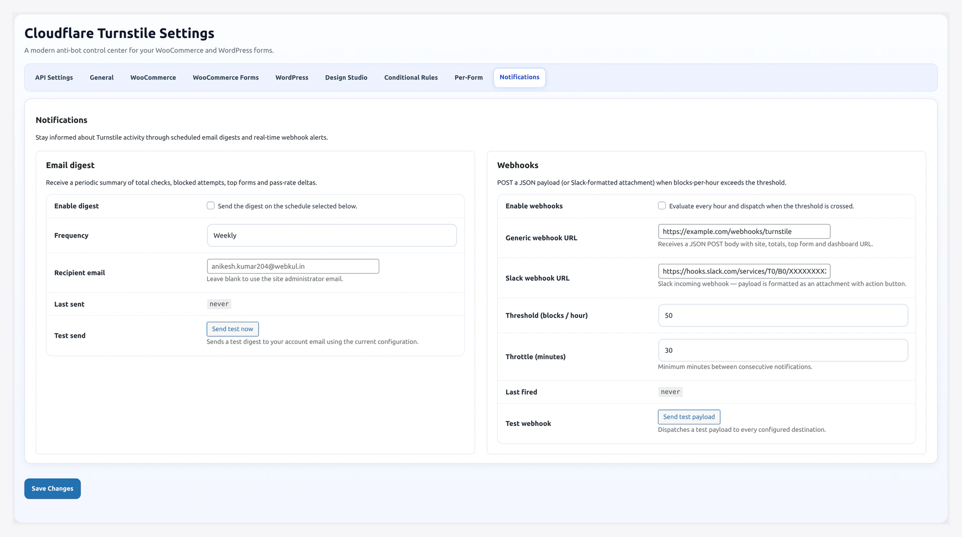 Notifications tab — weekly email digest and webhook alerts