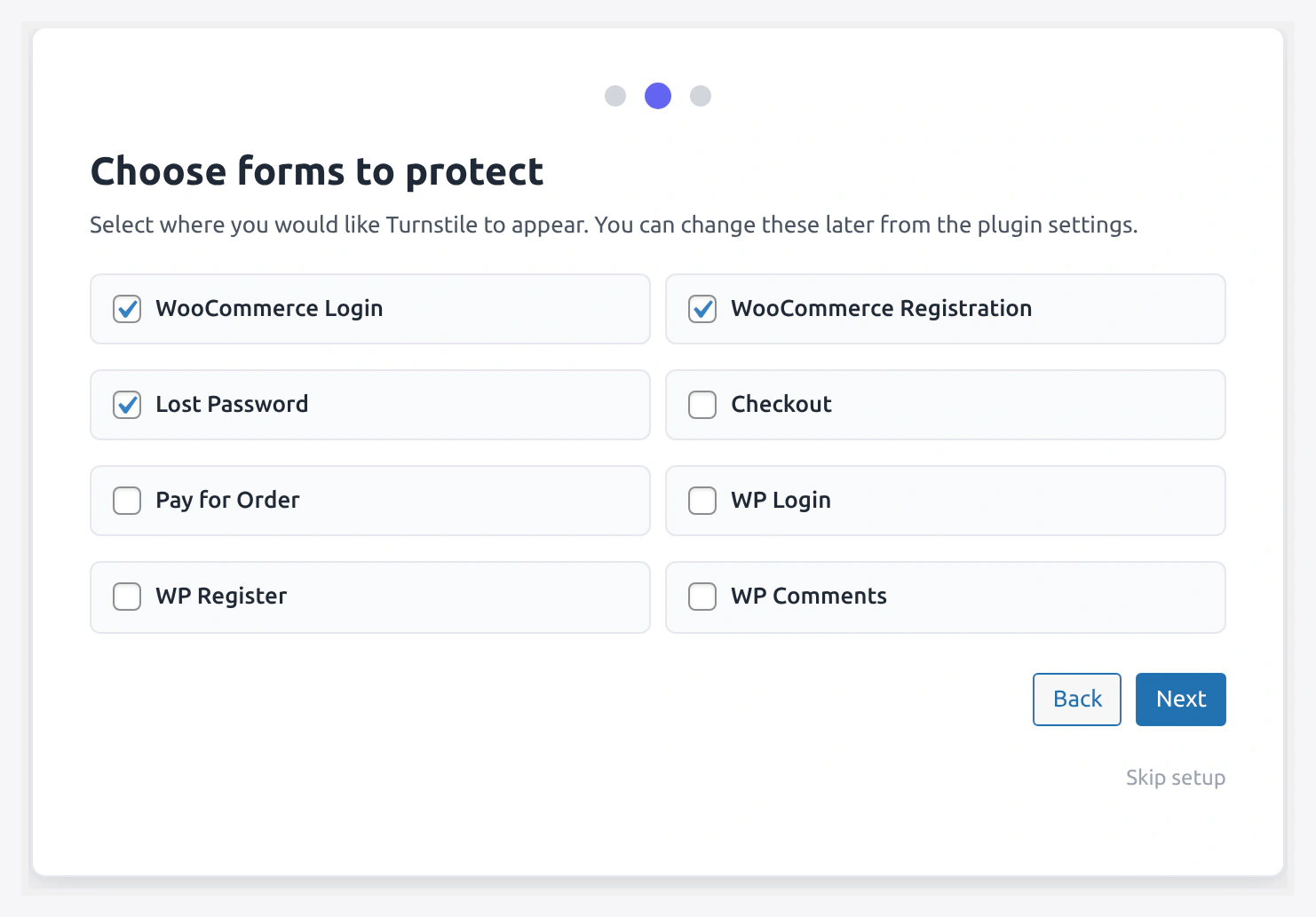Onboarding Step 2 — pick which forms to protect