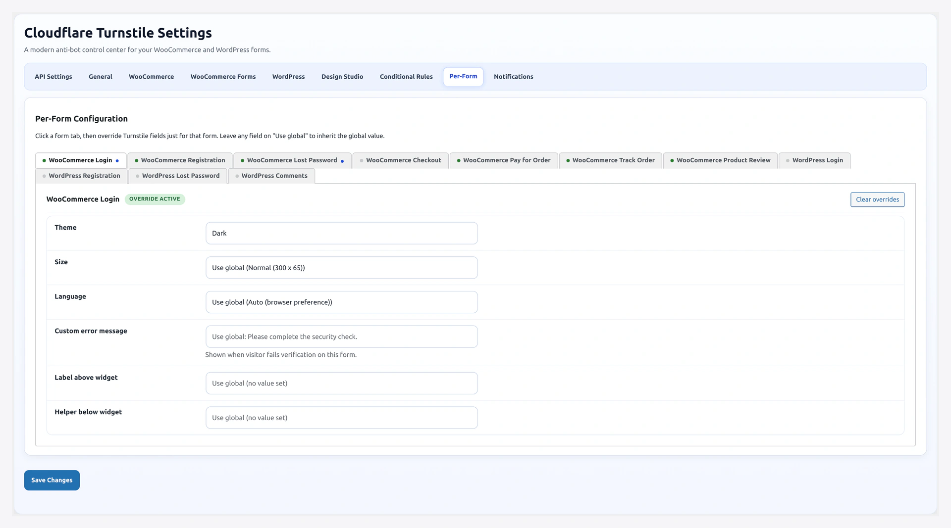 Per-Form Config tab — different widget settings per form