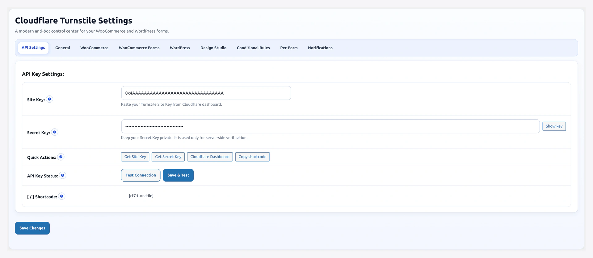 Turnstile CAPTCHA settings page — first view with the 9-tab strip