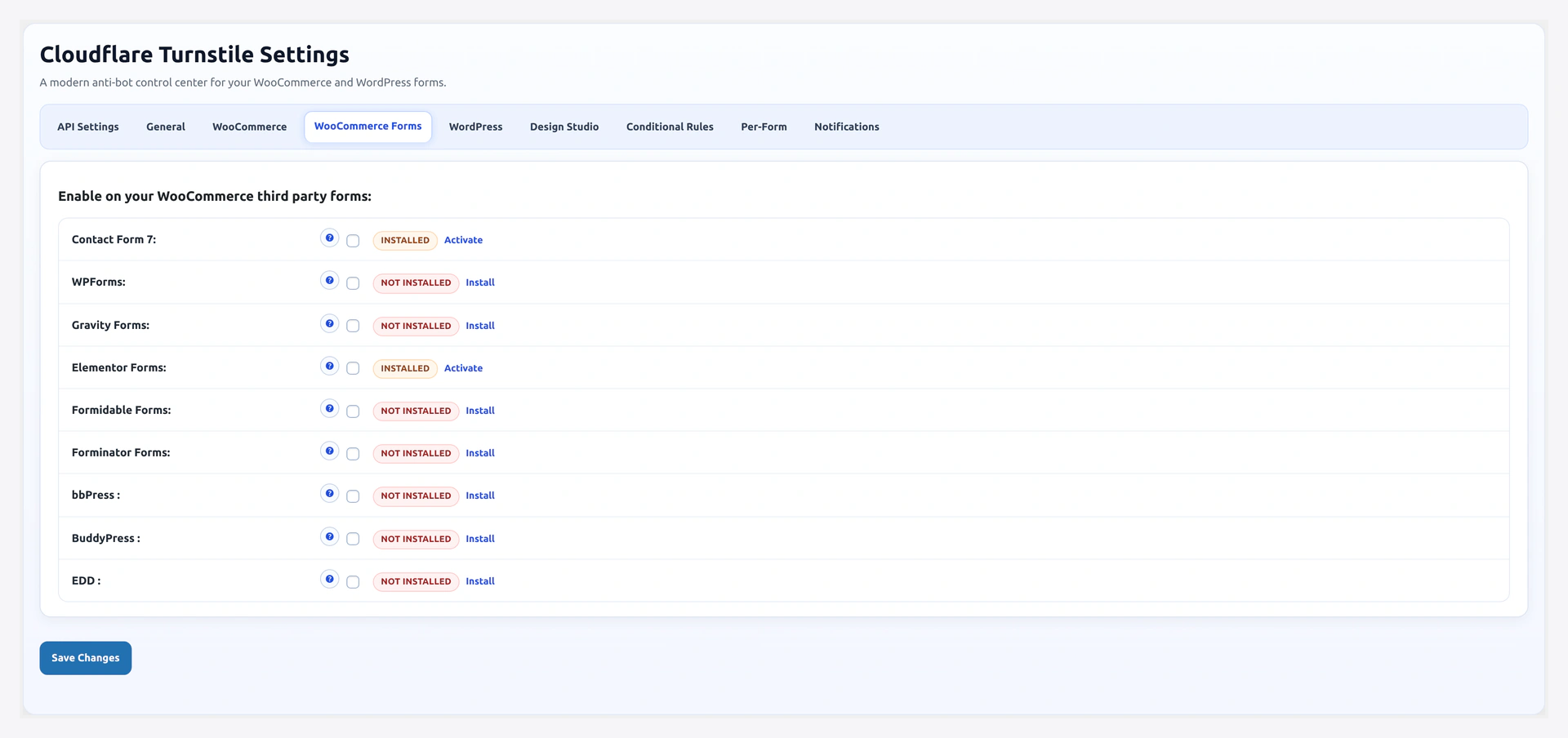 WooCommerce Forms tab — one checkbox per supported third-party form plugin