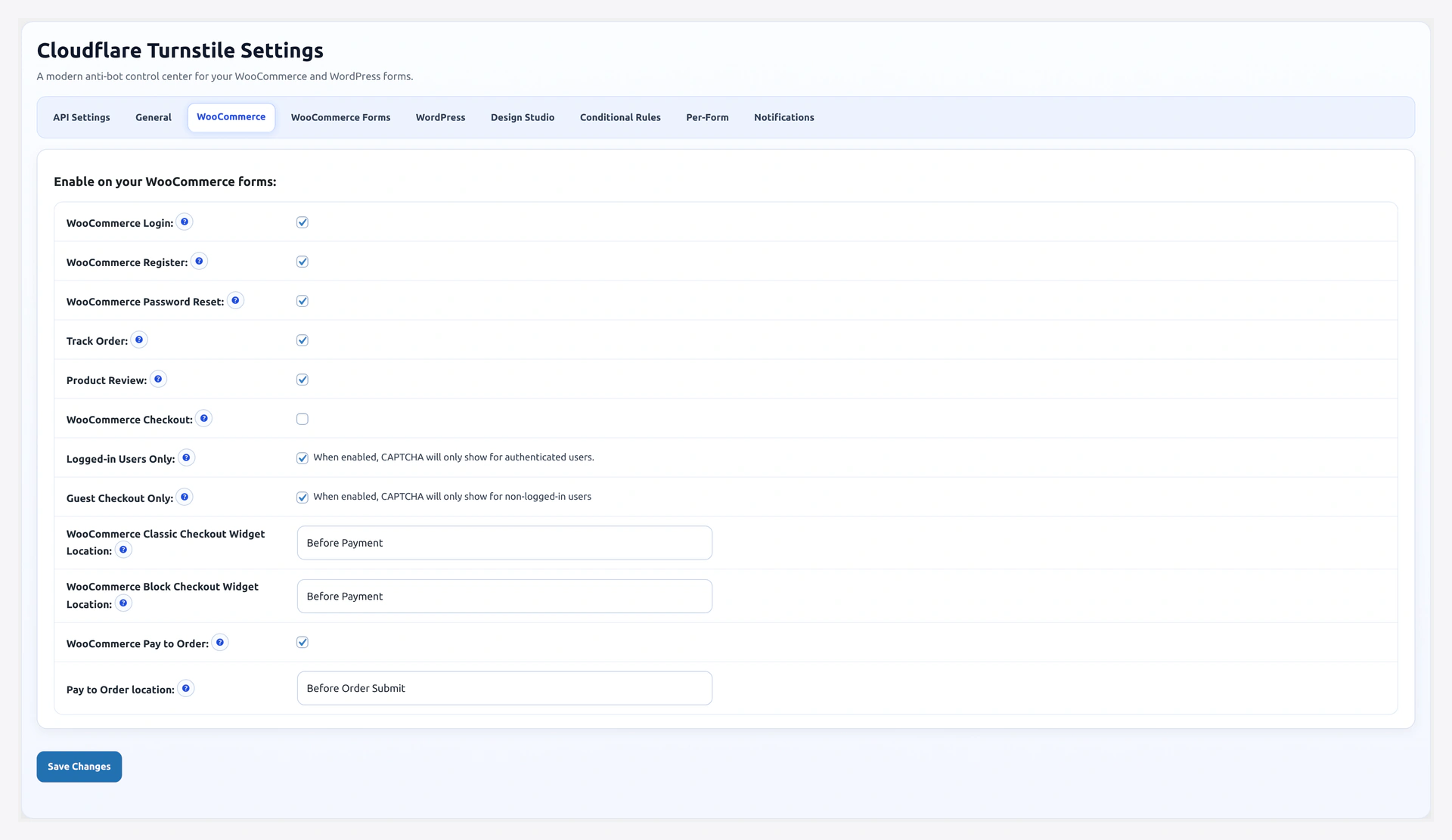 WooCommerce tab — toggle Turnstile on checkout, login, register, and more