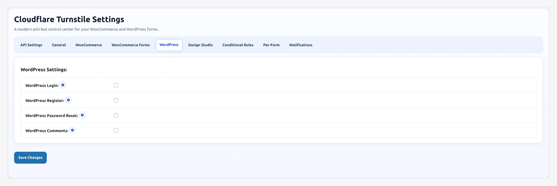 WordPress tab — toggle Turnstile on wp-login, register, lost password, comments