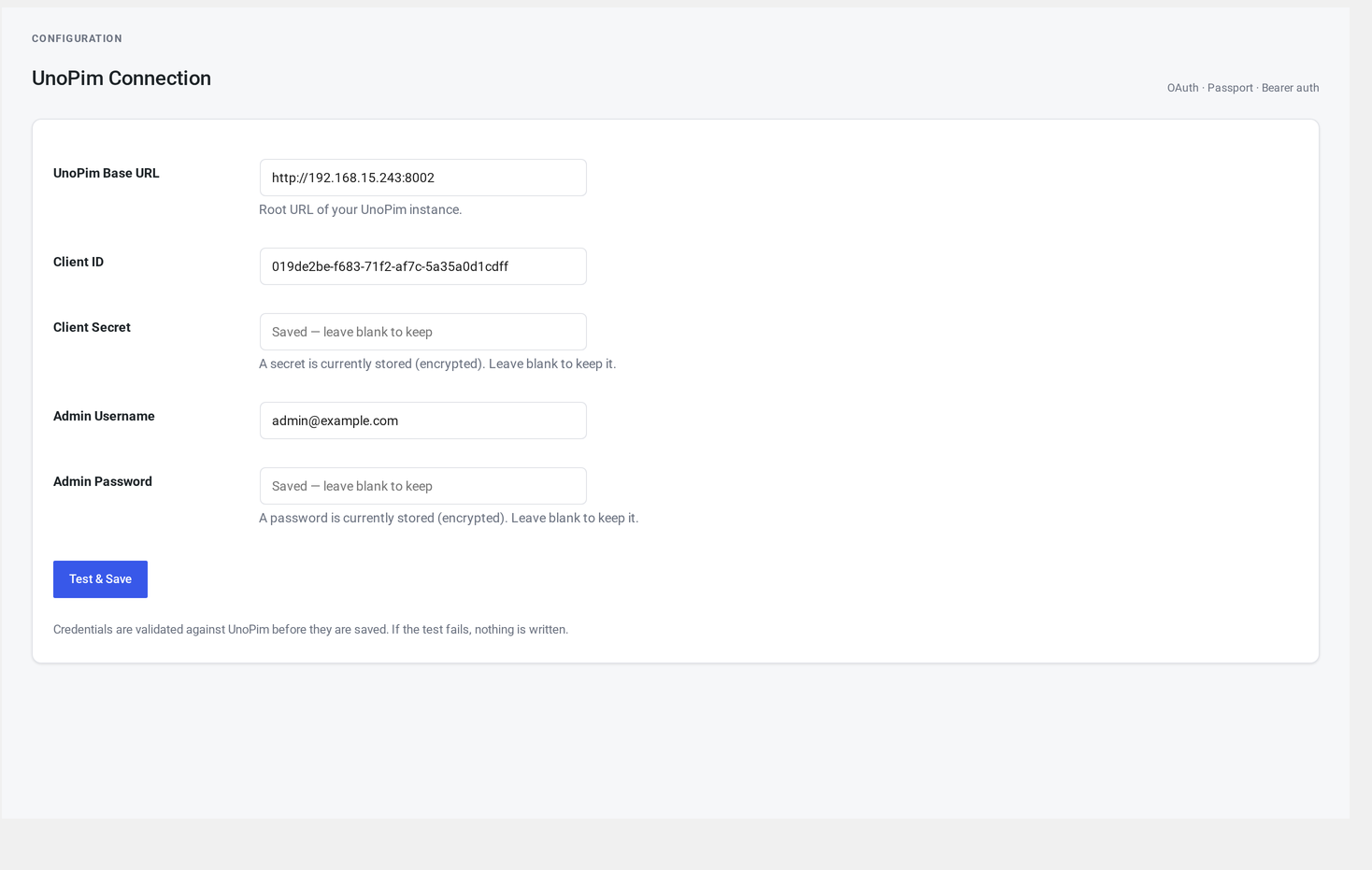 UnoPim Connection screen — Base URL, Client ID, Client Secret, Admin Username, Admin Password fields with the Test & Save button.