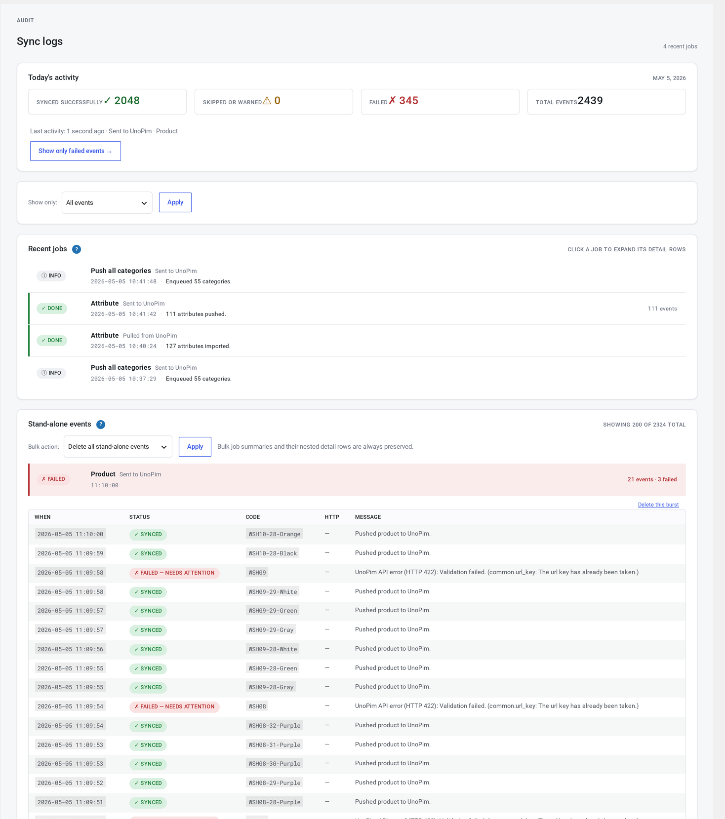 Logs screen — KPI strip across the top, the Filter row (kind, status, direction, entity, search, time-window), the burst summary, and the per-row table with timestamp, kind, status, direction, entity, message and a Details action.