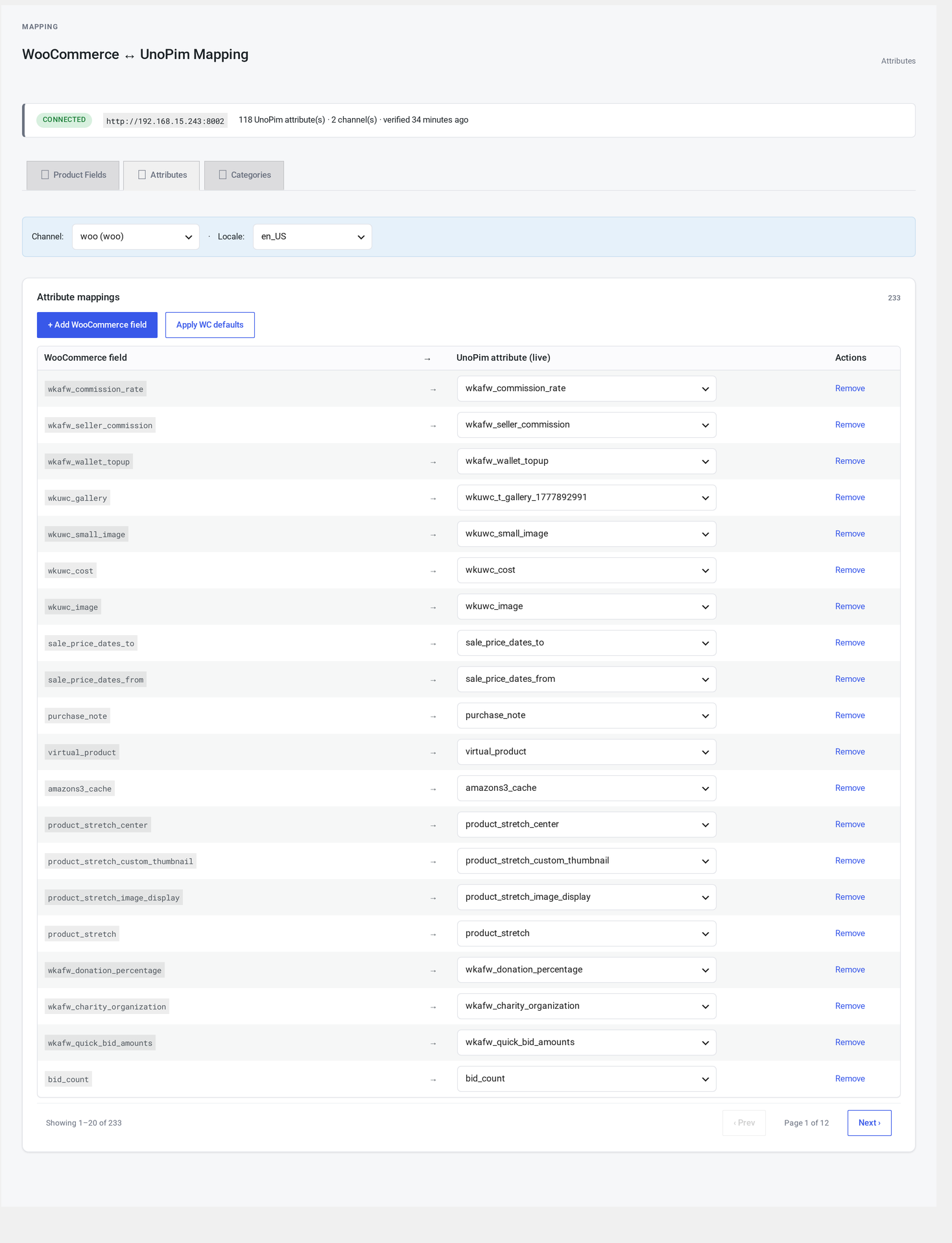 Mapping → Attributes sub-tab — channel/locale scope picker on top, paginated WooCommerce field ↔ UnoPim attribute rows with live combobox search, plus + Add WooCommerce field and Apply WC defaults actions.