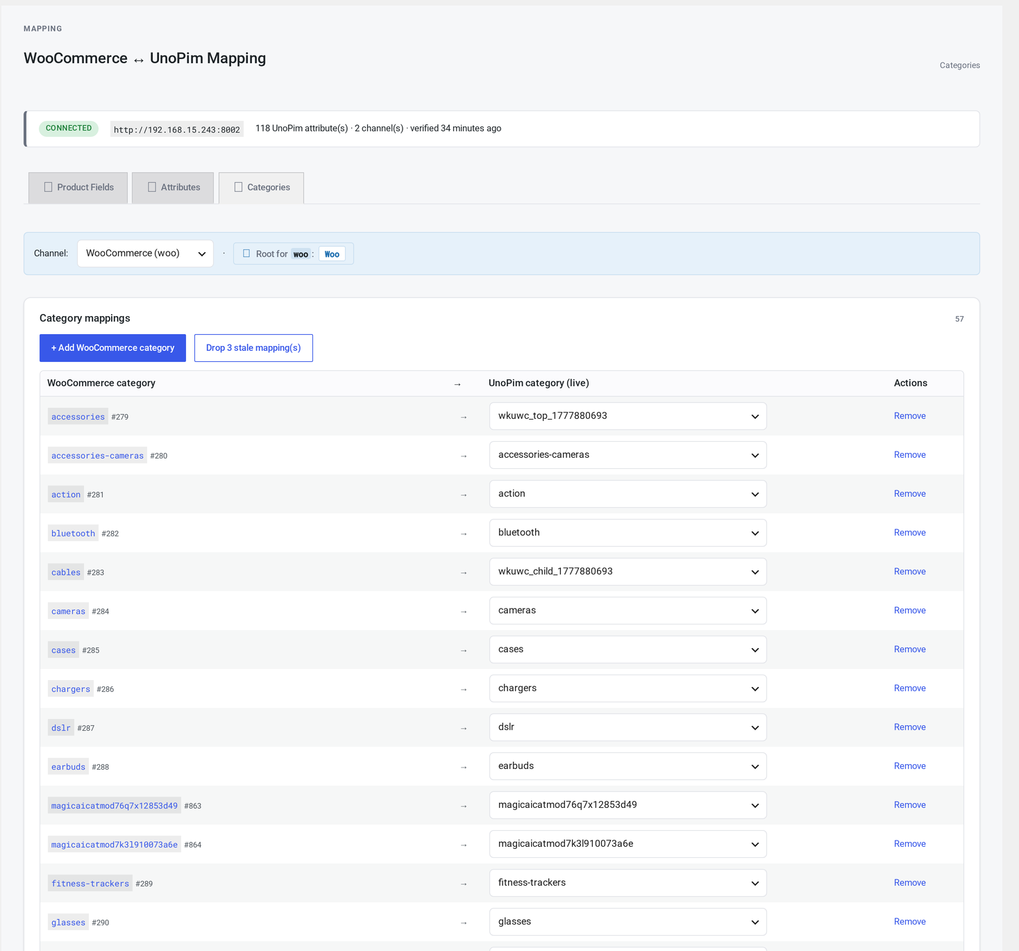 Mapping → Categories sub-tab — channel scope picker, Add WooCommerce category and Drop stale mappings actions, and the per-row WooCommerce category ↔ UnoPim category live picker.