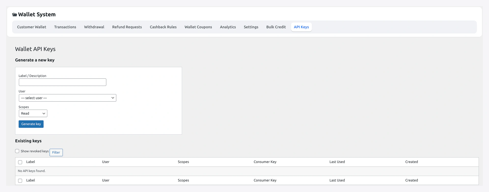 API Keys tab — list, mint new, revoke, delete