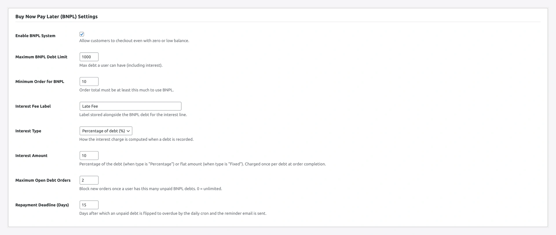 BNPL Settings section — enable, eligibility mode, max debt cap, repayment days, interest