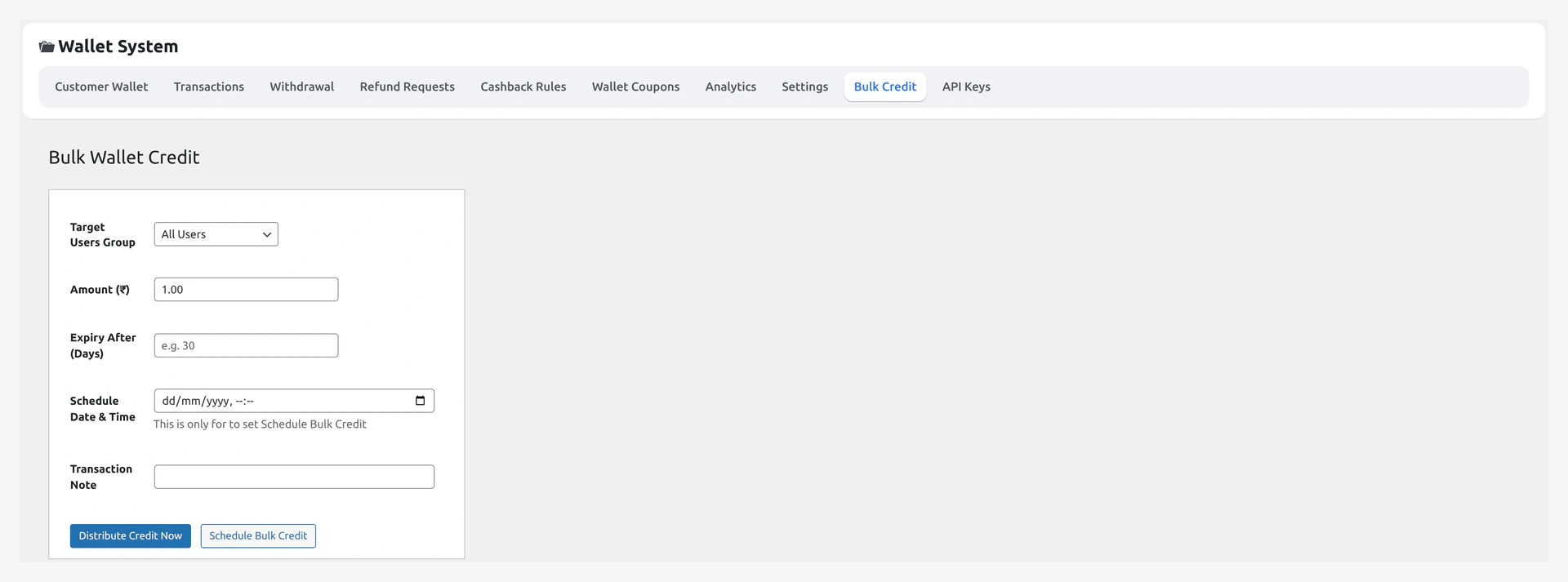 Bulk Credit / Debit — manual multiselect + CSV upload + async queue status