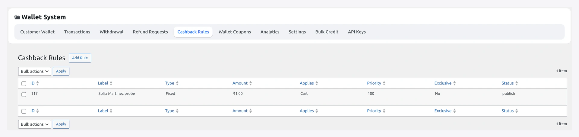 Cashback Rules list — priority, scope, type, status, edit / delete