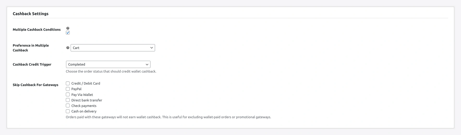 Cashback Settings section — global toggle, default cap, hooks toggles
