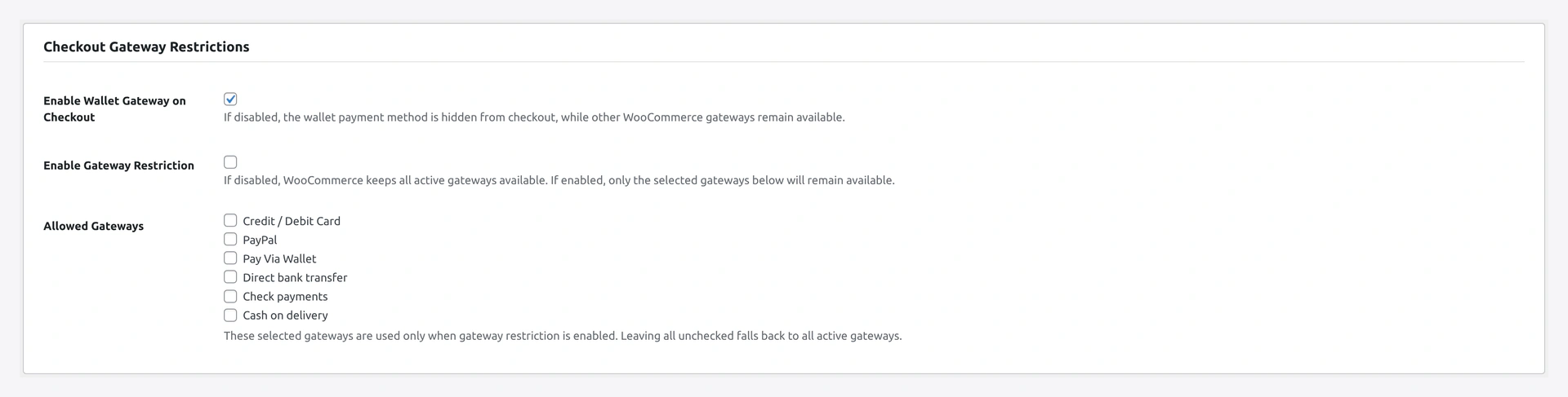 Checkout Gateway Restrictions section — wallet gateway visibility + min/max usage