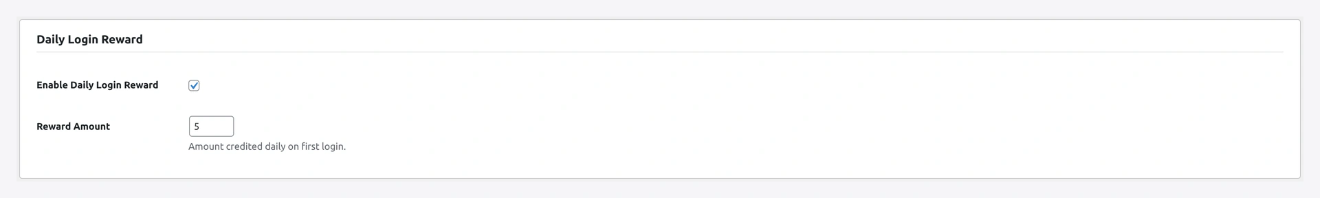 Daily Login Reward section — enable, reward amount, monthly cap, skip-admins