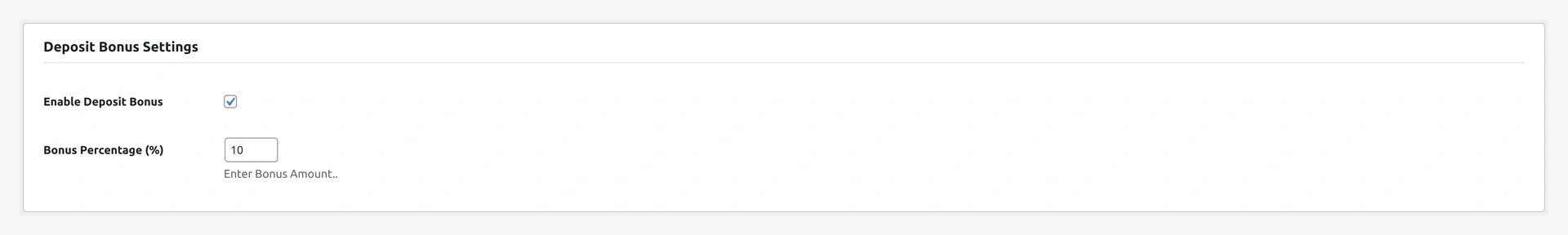 Deposit Bonus settings — toggle + percent value