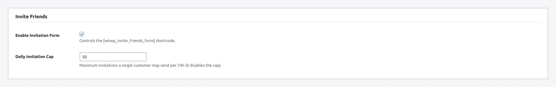 Invite Friends — enable, daily limit, max per submit, subject/body templates