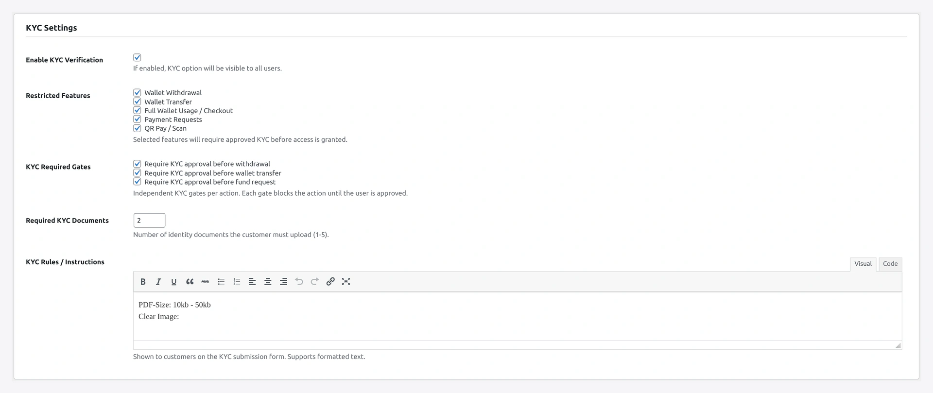 KYC Settings section — enable, max docs, allowed types, required features list