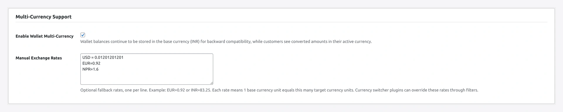 Multi-Currency Support section — enable, base currency, conversion strategy