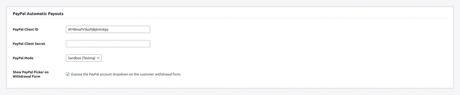 PayPal Automatic Payouts section — client ID, secret, sandbox toggle, webhook