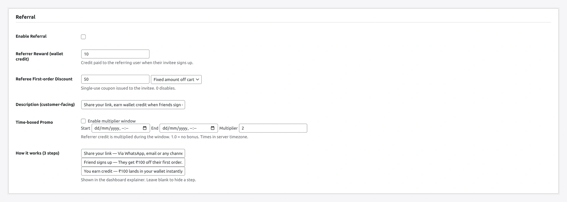 Referral — referrer reward, referee coupon, cookie window, promo multiplier