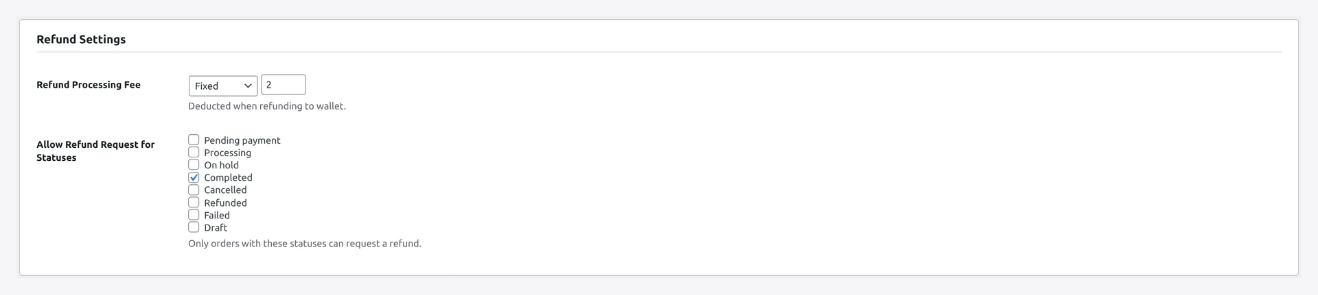 Refund Settings — refund-to-wallet defaults, reason list