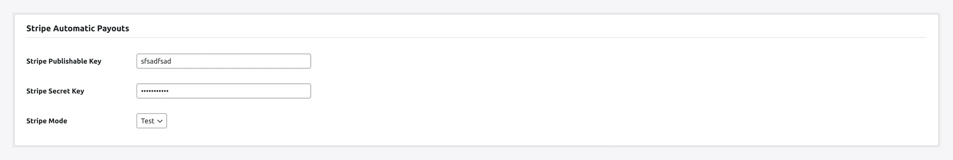 Stripe Automatic Payouts section — secret/publishable keys, mode toggle
