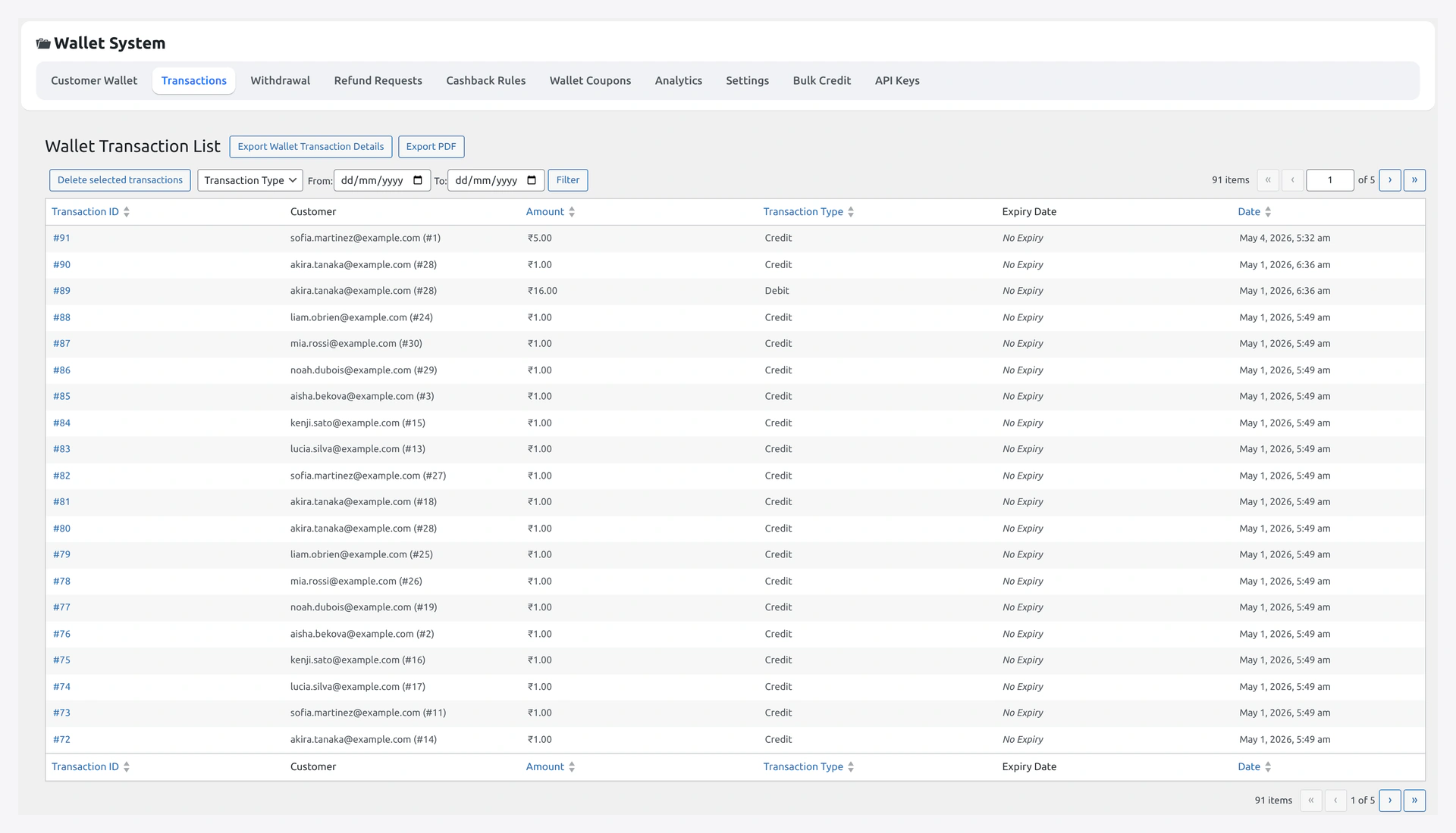 Transactions — full ledger view with filters and per-row links
