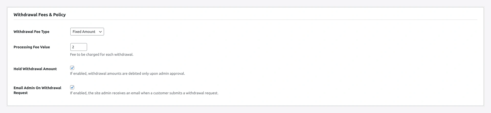 Withdrawal Fees & Policy — enable, min/max, fee, hold period, allowed methods