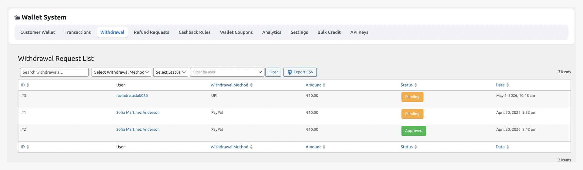 Withdrawals queue — pending requests with Approve / Reject