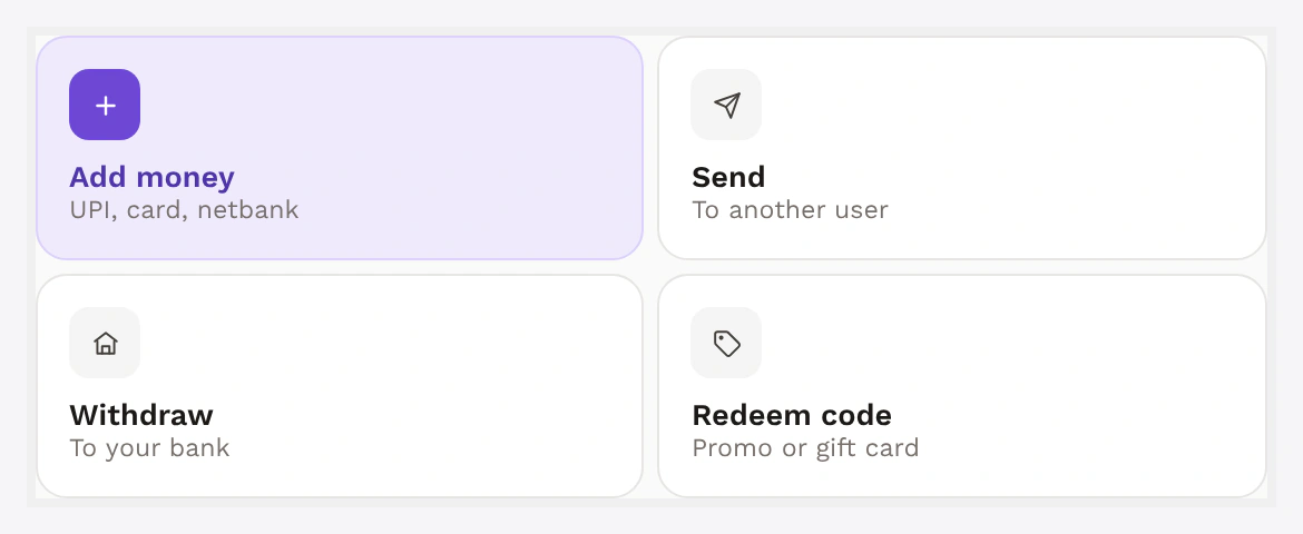 Action grid — Add money, Send, Withdraw, Redeem code