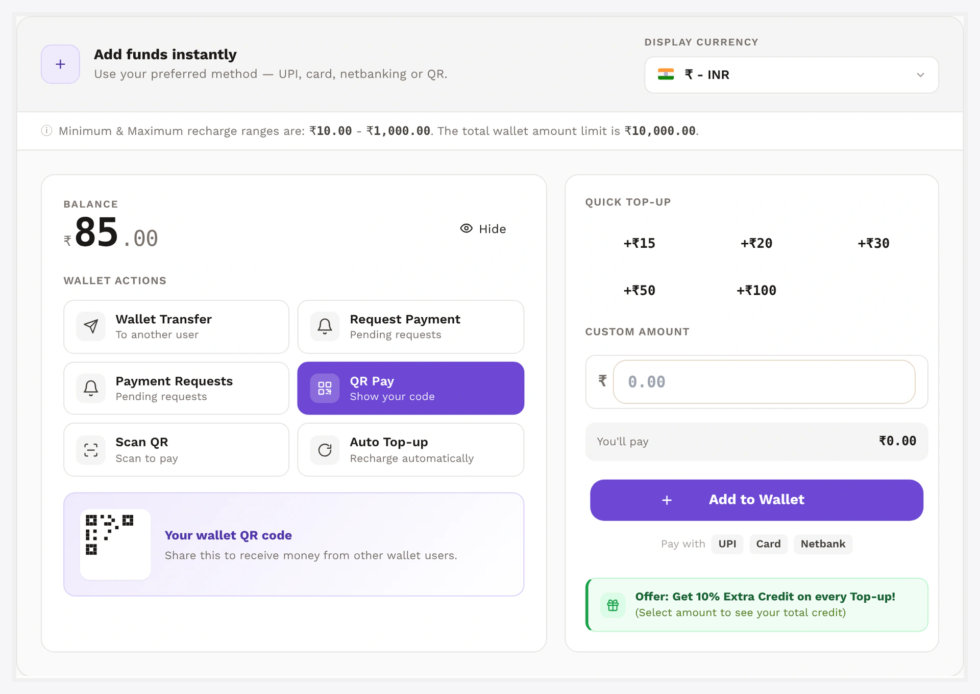 Add money panel with the live bonus banner — preset chips, custom amount, You'll-pay row