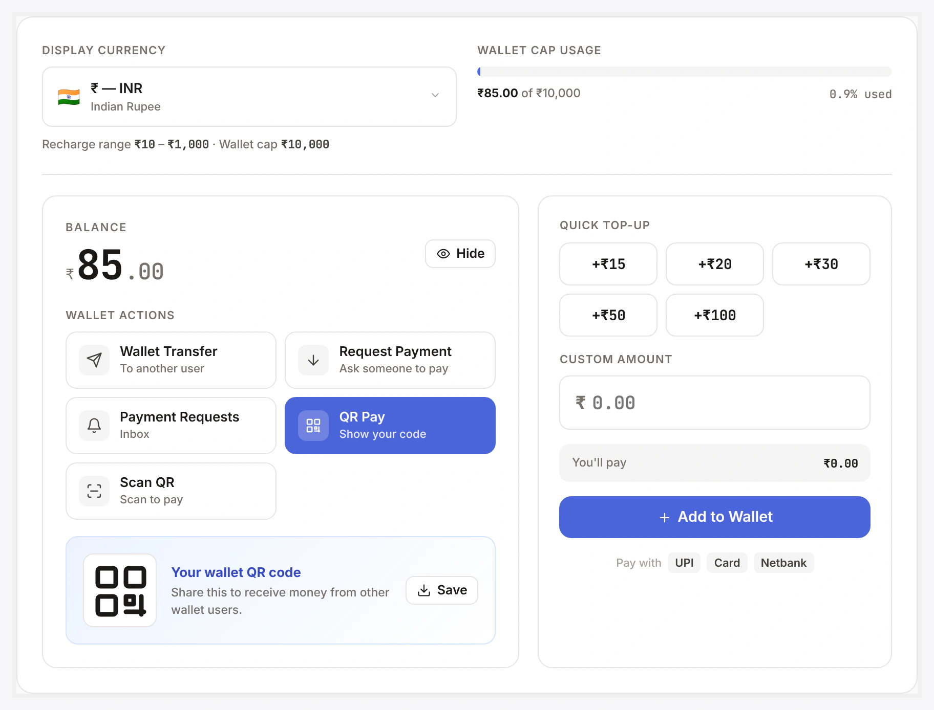 Recharge form on Wallet Central — same engine, modern UI