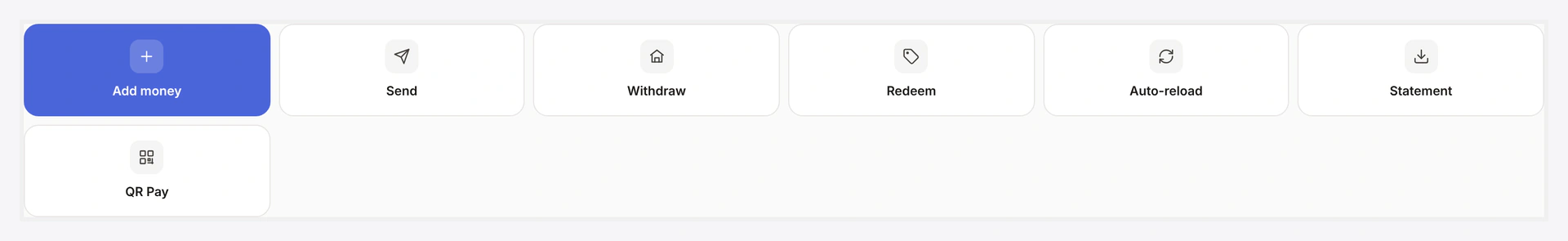 Action grid — Add money, Send, Withdraw, QR Pay