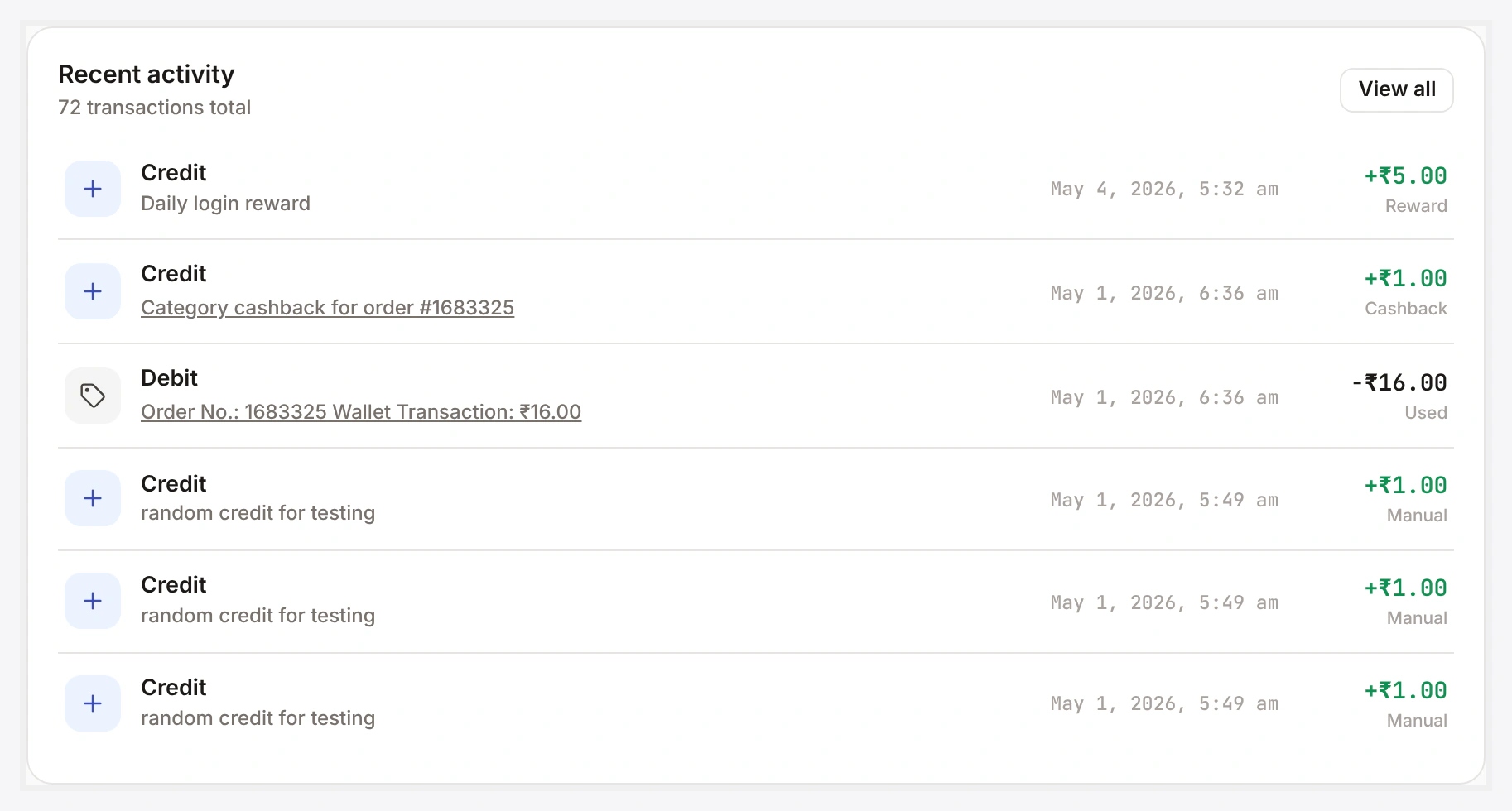 Recent activity card — title, view-all, filter chips, transaction rows