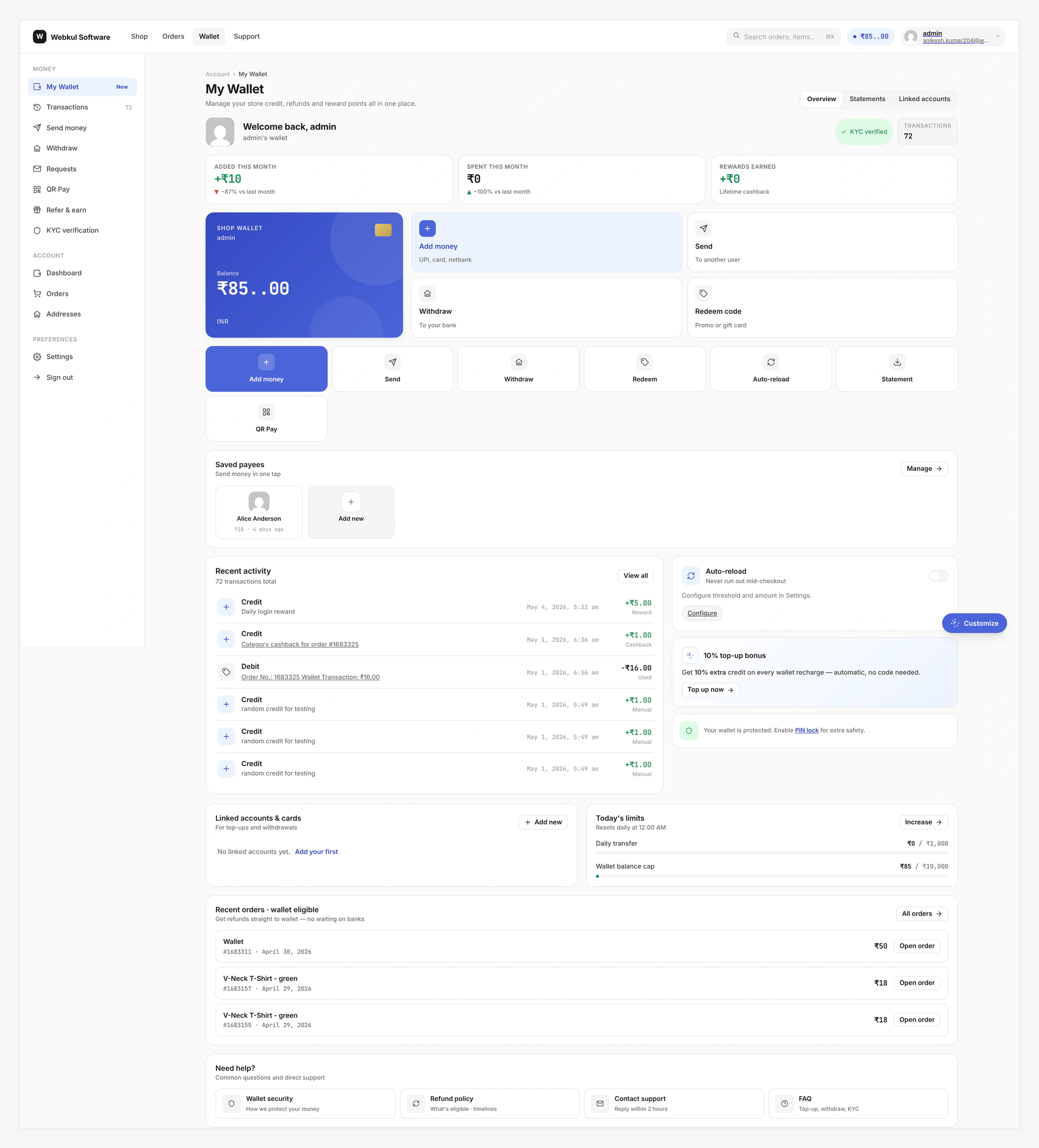 Wallet Central home — full dashboard with persistent sidebar, hero card, action grid, recent activity, and right-rail cards