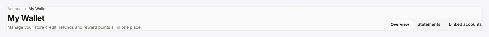 Wallet Central header — breadcrumb, page title, segmented tabs