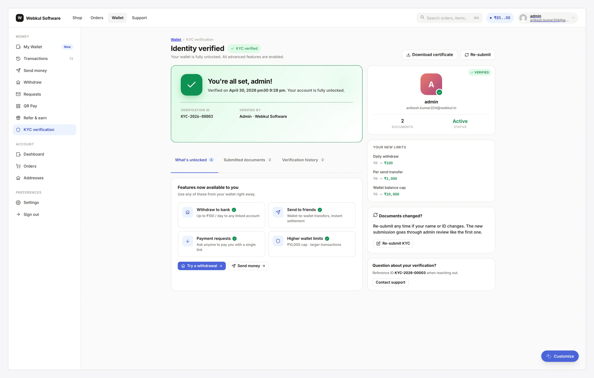 KYC submission view at /wallet-central/kyc/ — status banner, instructions, form