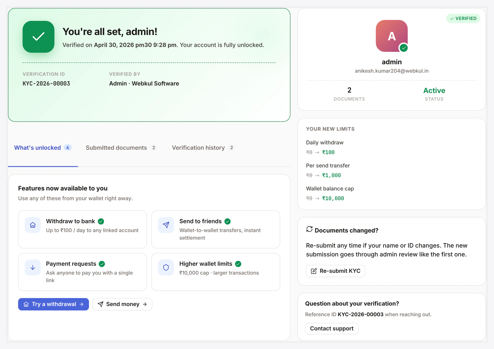 KYC form grid — full name, document type, number, file uploads