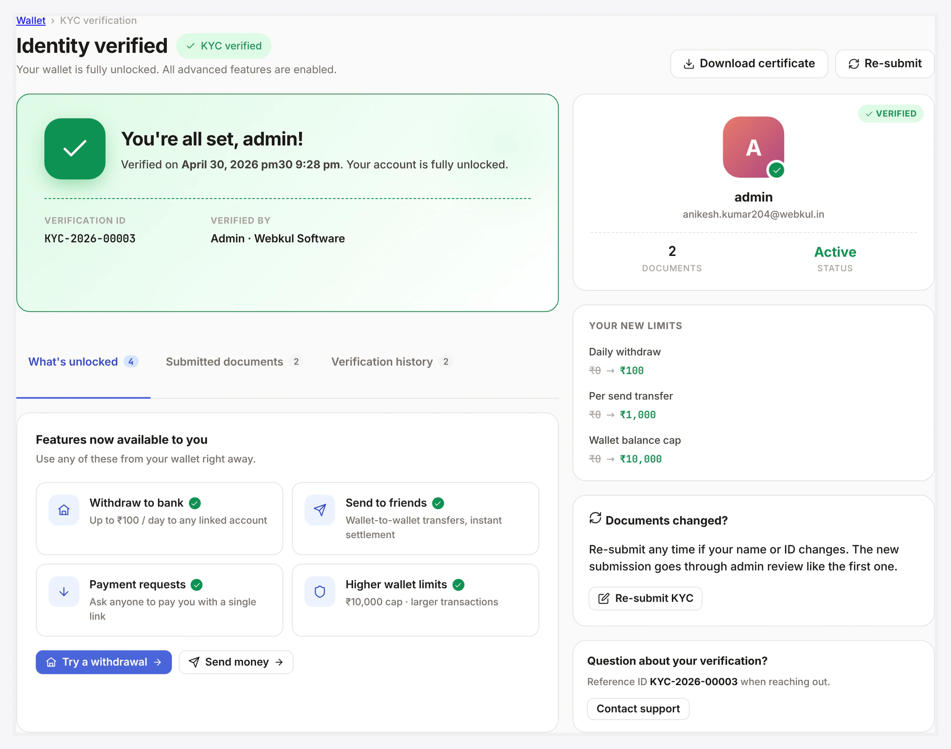 KYC shell — status banner + verified-state hero