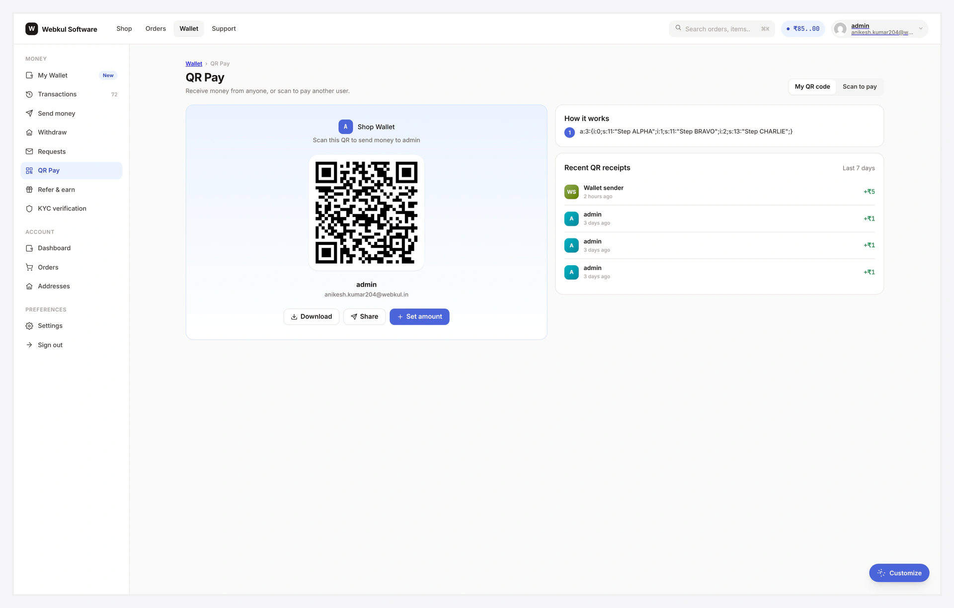 QR Pay view at /wallet-central/qr/ — receive QR + scan-to-pay modes