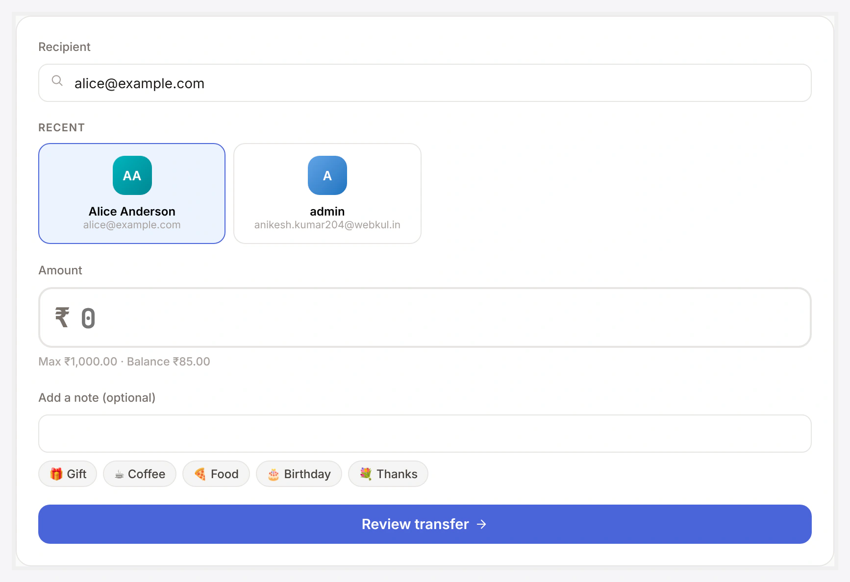 Send Money form card — recipient picker, amount, summary, OTP step