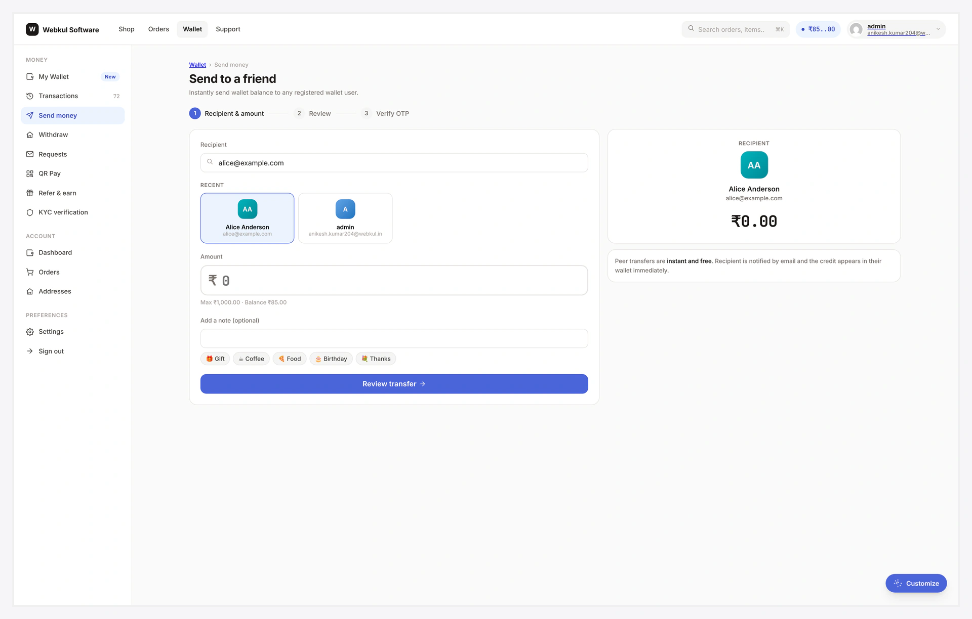 Send Money — full layout at /wallet-central/send/